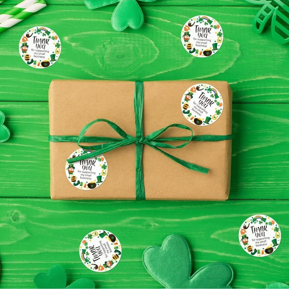 50 ct 1.5" St. Patrick's Day Thank You Supporting Stickers Shamrock Hat - Picture 3 of 10